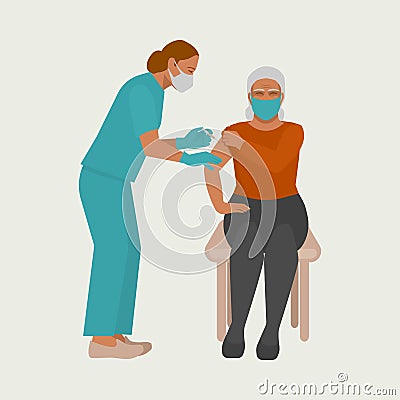 Vaccination of elderly. Nurse gives injection of vaccine to elderly woman Vector Illustration