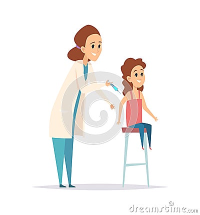 Vaccination. Flu virus protection, nurse syringe. Cartoon little girl and pediatrist. Children disease prevention vector Vector Illustration