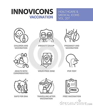 Vaccination and health care - line design style icons set Vector Illustration
