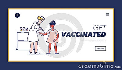 Vaccination, Immunization Procedure Website Landing Page. Doctor Put Injection to Kid Vector Illustration