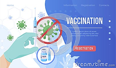 Vaccination landing page vector flat medical doctor hand syringe covid 19 vaccine cure injection Vector Illustration