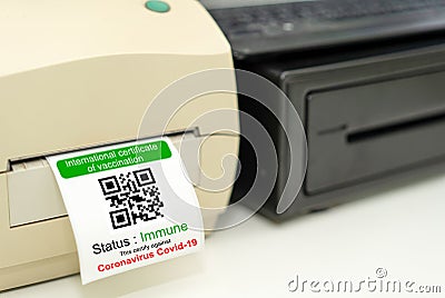 Vaccination pass certificate barcode print sticker for passport document in epidemic prevention technology in medicine protection Stock Photo