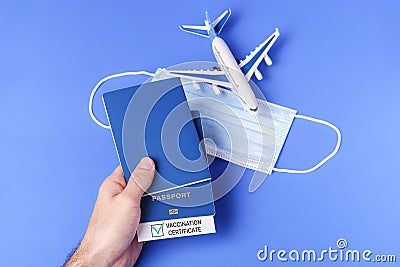 Vaccination passport with green check mark, risk-free travel certificate concept Stock Photo