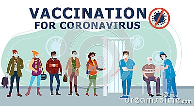 Vaccination people for COVID-19. Immunity health doctor and nurse makes injection of coronavirus in hospital. Patients Vector Illustration