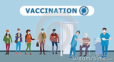 Vaccination people for immunity health. Doctor and nurse makes injection of of flu vaccine in hospital. Patients womans Vector Illustration