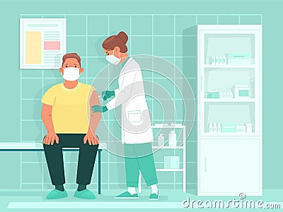 Vaccination of the population. The doctor gives a shot of vaccine or medicine to the patient. Graft Cartoon Illustration