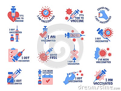 Vaccination symbols. Virus protected badges with syringe picture vaccination pharmaceutical pictures medical sticker Vector Illustration