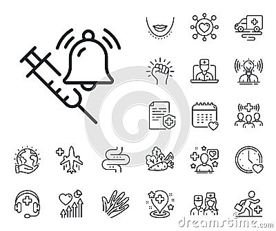 Vaccine announcement line icon. Vaccination syringe with bell sign. Online doctor, patient and medicine. Vector Stock Photo