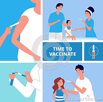 Vaccination. Time to vaccinate, innovation vaccine for adults and children. Healthcare, antivirus prevention, doctors Vector Illustration