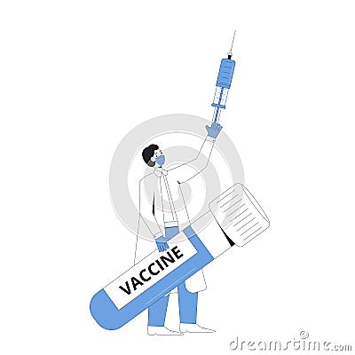 Vaccination. Virus injection syringe. Doctor with flask and syringe. Vector line art illustration Vector Illustration