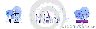 Vaccination and virus study concept. Vector flat people illustration set. Red shield symbol. Team of scientist research. Vaccine Vector Illustration