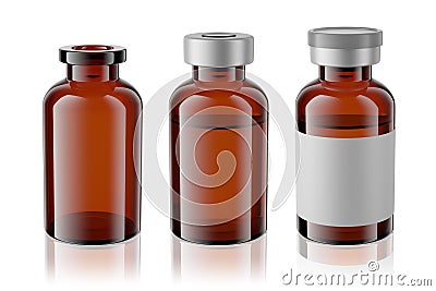 Vaccine brown glass injection vials set isolated. 3d rendering mockup Stock Photo