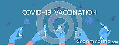 COVID-19 vaccination concept, medical flu shot of doctor hands wearing glove holding syringe Vector Illustration