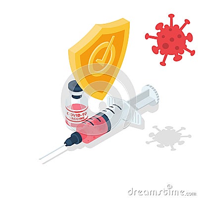 Vaccine coronavirus concept. Syringe with an ampoule under the security shield Vector Illustration