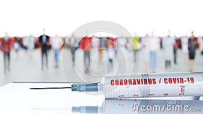 Vaccine for coronavirus treatment. People, volunteers walking toward a syringe Stock Photo