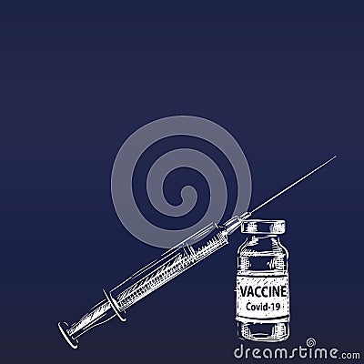 Vaccine Covid-19 syringe leaned on vial medicine bottle vector drawing, White drawing on dark blue gradient square background Vector Illustration