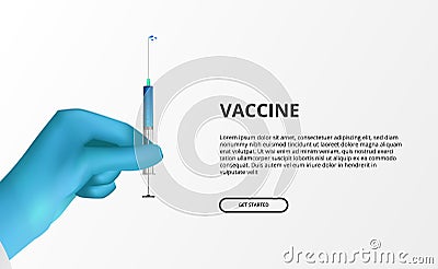 Vaccine illustration concept. Hand sterile glove holding syringe with blue liquid drug cure Vector Illustration