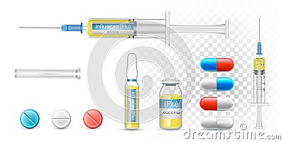 Vaccine influenza flu in a syringe. Vector Realistic pharmaceutical capsules, transparent bottle and ampoule. Vector Illustration