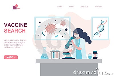 Vaccine search landing page template. Virologist is researching a new virus, searching for antivirus and medication Vector Illustration