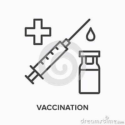 Vaccine in syringe flat line icon. Vector outline illustration of flu shot, coronavirus vaccination. Injection thin Vector Illustration