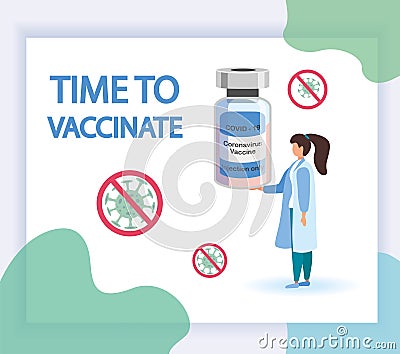 Vaccine, syringe injection, prevention, immunization, cure and treatment for coronavirus infection, doctors carrying big Vector Illustration