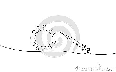 Vaccine syringe one single line art concept. Pandemic COVID coronavirus safe hand drawn sketch. Injection epidemia Vector Illustration