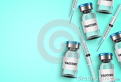 Vaccine and syringe vector background template. Vaccine bottles and syringe injection medicine Vector Illustration