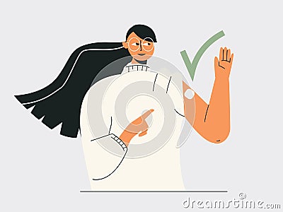Vaccine and vaccination concept. Asian woman after vaccine shot with green check. Youth health care, immunization Vector Illustration