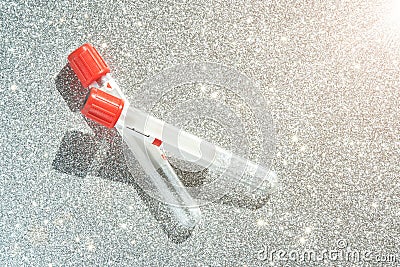 Vacutainer for collecting blood material in laboratory. Top view. Stock Photo