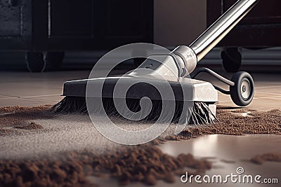 The vacuum cleaner brush cleans the carpet, cleaning the house, close-up Stock Photo