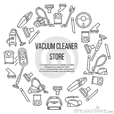 Vacuum cleaner circle banner with line flat icon. Template for vacuum cleaning store. In the center you can write any Vector Illustration