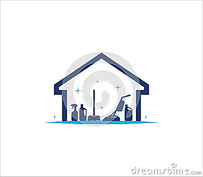 vacuum cleaner, mop, and sprayer inside a house vector logo design for housekeeping and cleaning service Stock Photo