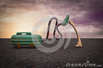 Vacuum Cleaner sucking Human thigh bone at sunset magenta day demonstrating losing osteoporosis concept. 3D Illustration. Stock Photo