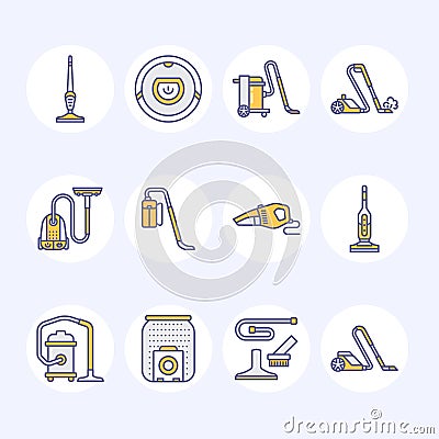 Vacuum cleaners colored flat line icons. Different vacuums types - industrial, household, handheld, robotic, canister Vector Illustration