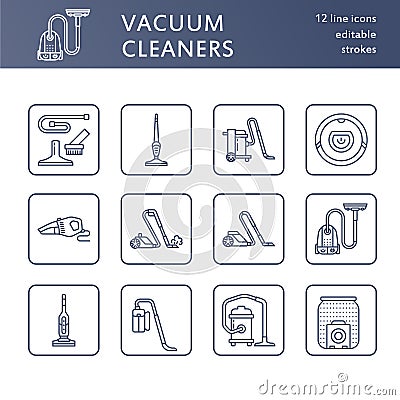 Vacuum cleaners flat line icons. Different vacuums types - industrial, household, handheld, robotic, canister, wet dry Vector Illustration