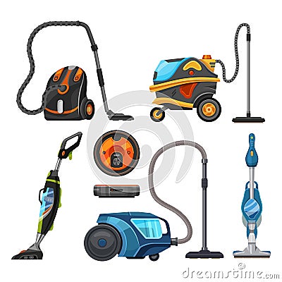 Vacuum cleaners set, robot mop and dust hoovers Vector Illustration