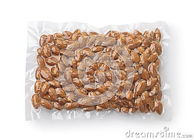 Vacuum plastic bag of almonds Stock Photo