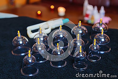 Vacuum vessels for the curative procedure of hijama bloodletting. Stock Photo