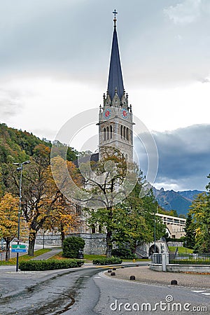 Vaduz Cathedral, or Cathedral of St Florin, a neo-Gothic church in downtown Vaduz, Liechtenstein Editorial Stock Photo