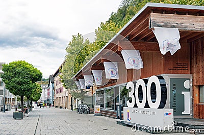 Liechtenstein Center Tourist Office in Vaduz promoting a celebration of 300 Years Principality of Liechtenstein anniversary Editorial Stock Photo