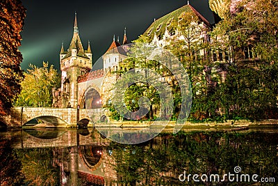 Vajdahunyad castle at the night with lake in Budapest, Hungary Stock Photo