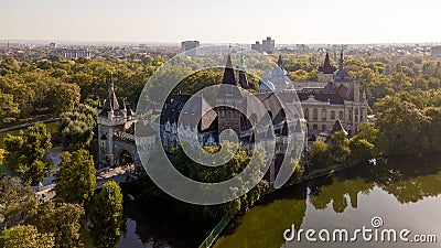 Vajdahunyad castle view from lakeside. Budapest, Hungary Filmed from the drone Stock Photo