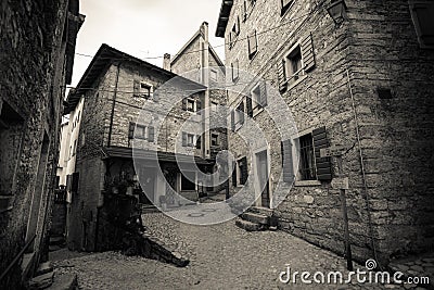 VAJONT, ITALY - OCTOBER 28, 2016: A view of the isolated old town of Casso, in the Vajont valley hardly damaged by the well known Editorial Stock Photo
