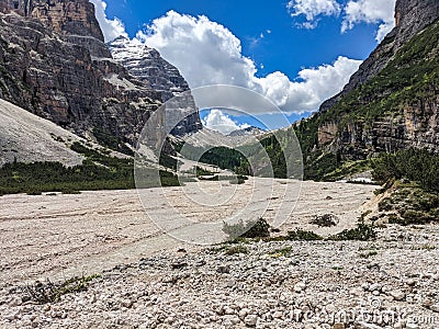Val Travenanzes in the dolomites. Cortina d ampezzo. dry river bed in summer. Hiking in a beautiful mountain landscape Stock Photo