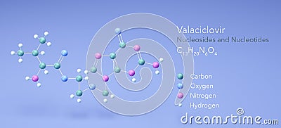 valaciclovir molecule, molecular structures, nucleosides and nucleotides, 3d model, Structural Chemical Formula and Atoms with Stock Photo