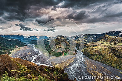 Valahnukur viewpoint hiking trail with mountain valley and krossa river in icelandic highlands at Thorsmork, Iceland Stock Photo