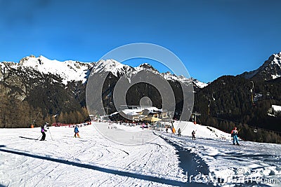 Valbona, Moena, Trentino Alto Adige, Italy, Alps, Dolomiti- December 24, 2017: Ski resort.Ski slopes.Sunny day at the ski resort. Stock Photo