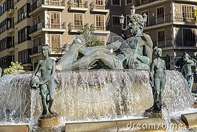 Spain, Valencia, the Cathedral of Santa Maria and its square, the Rio Turia Fountain Editorial Stock Photo