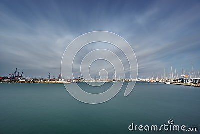 Valencia marina entrance ultra long exposure wide angle with silk water Stock Photo