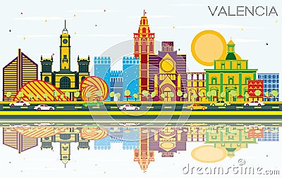 Valencia Spain City Skyline with Color Buildings, Blue Sky and R Stock Photo